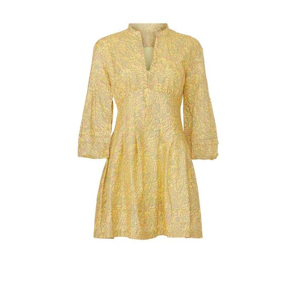DEREK LAM COLLECTIVE Paisley Yellow Floral Puff Sleeves Flared Hemline Dress 48 - Picture 3 of 12